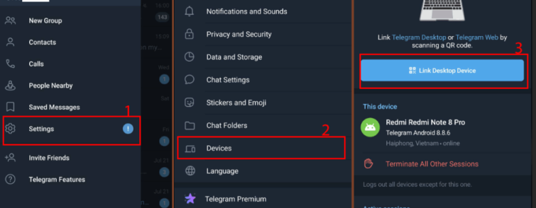 Mở QR Telergam : Setting > Devices> Link Desktop Device 