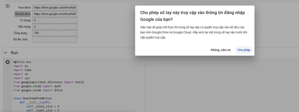 Cho phép và cấp quyền Google Drive hoạt động coppy dữ liệu
