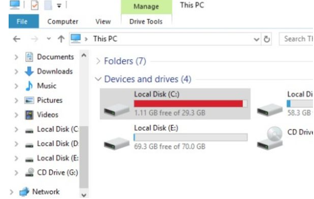Ví dụ về ổ C bị đầy ( báo đỏ ) khi Zalo PC lưu dữ liệu vào ổ C trên máy tính