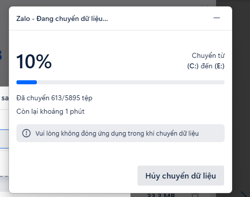 Zalo PC chuyển dữ liệu lưu ổ C sang ổ E cho bạn