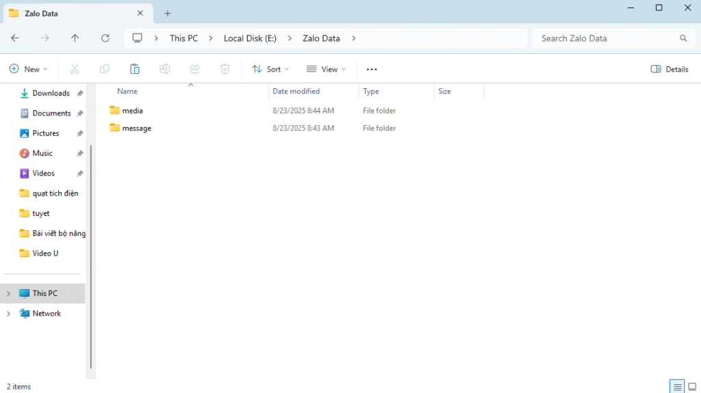 Hình ảnh Zalo Data sau khi được chuyển sang ổ E ( mới ) 
