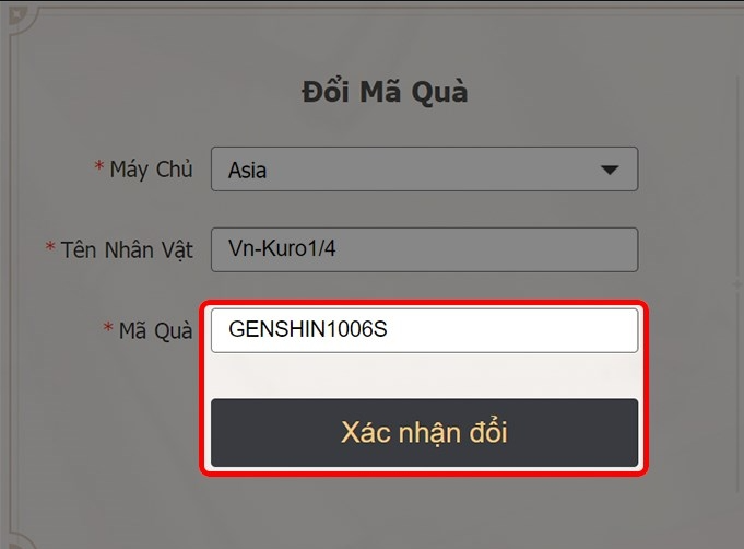 Xác nhận đổi quà Code Genshin