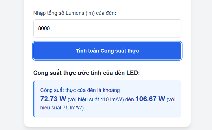 Đèn năng lượng mặt trời có công suất 8000 lumen thì công suất thực tế chỉ vào khoảng 70W thôi nhé