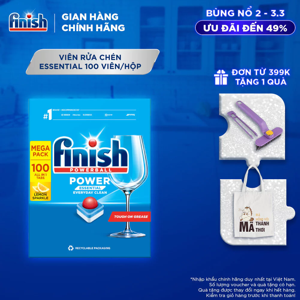 Viên Rửa Chén Bát Hương Chanh Finish Powerball Power Essential Lemon Sparkle - Hộp 100 viên tiết kiệm